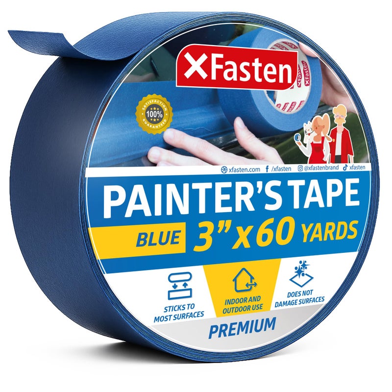 إكس فاستين شريط طلاء أزرق احترافي من XFasten، متعدد الاستخدامات، شريط أزرق مقاس 3 بوصات × 60 ياردة - تقنية خط الحواف الحادة، تنتج خطوطًا حادة | شريط تزيين حائط خالٍ من البقايا ومن الدرجة الحرفية - Image 1